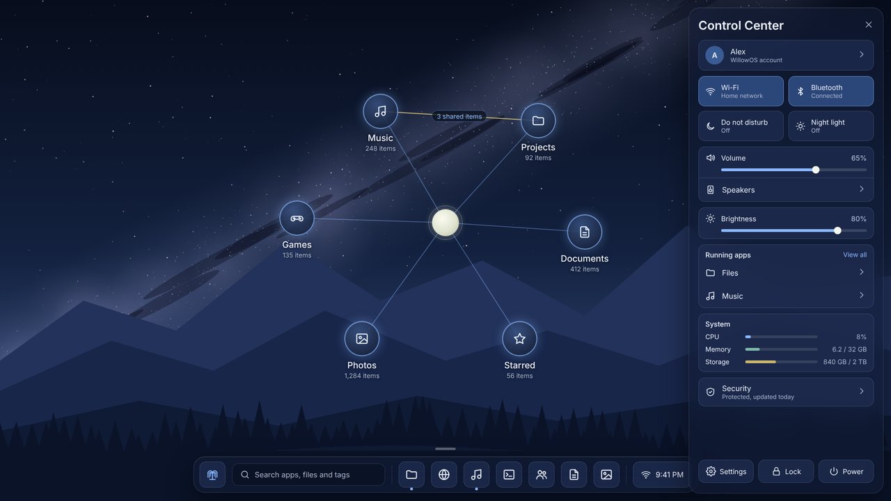 Desktop in Blue, with a mountain night wallpaper.
